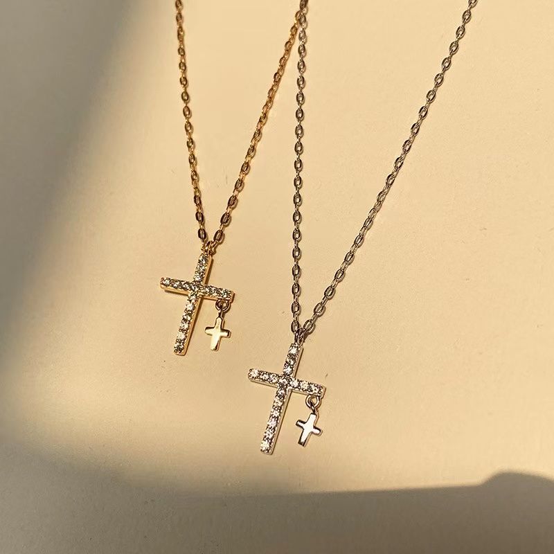 Collana classica in argento Sterling con croce lucida e piccolo ciondolo con ciondolo a catena per clavicola da donna, gioielli raffinati_voghion.com