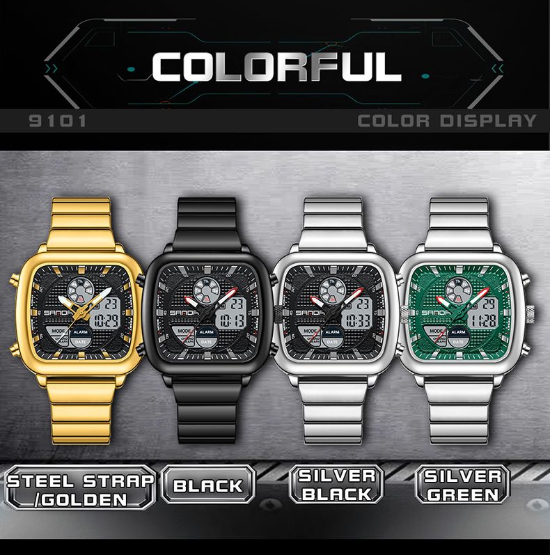 Digitaal analoog quartzhorloge voor heren met dubbel uurwerk, waterdicht, lichtgevend, roestvrijstalen band, alarm, stopwatch, dag-datumweergave_voghion.com