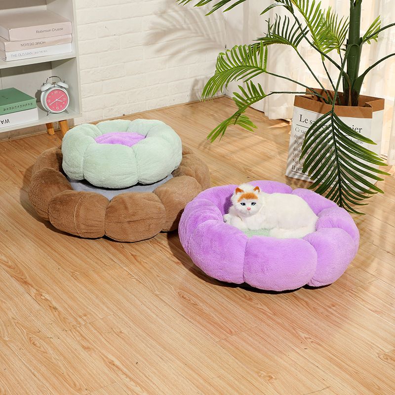 Round Flower Cute Soft Comfortable All-Season Warm Plush Pet Mat Cat Dog Bed Custom_voghion.com