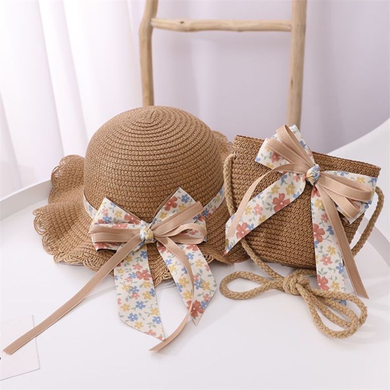 Cappelli di paglia da pescatore pieghevoli da spiaggia per bambini, protezione solare estiva da donna e set di borse_voghion.com