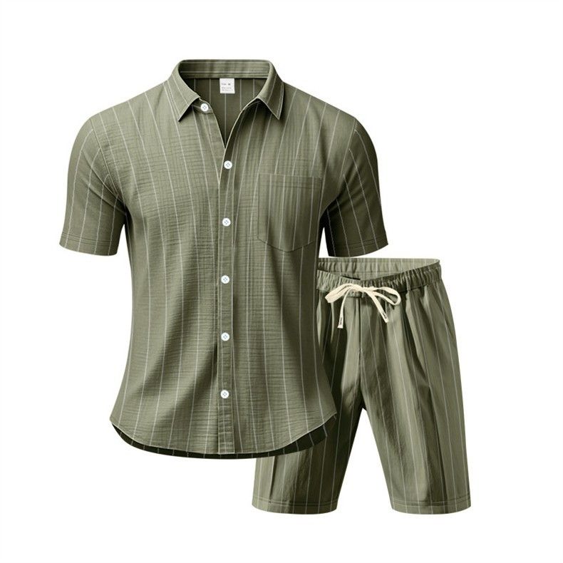 Vêtements pour hommes, costume d'été en lin pour hommes, chemise ample à manches courtes à rayures, short de plage, costume deux pièces_voghion.com