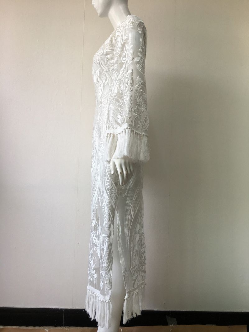 Damenbekleidung Bankett Party Abendkleid Spitzenstickerei Quaste Kleid zweiteilig_voghion.com