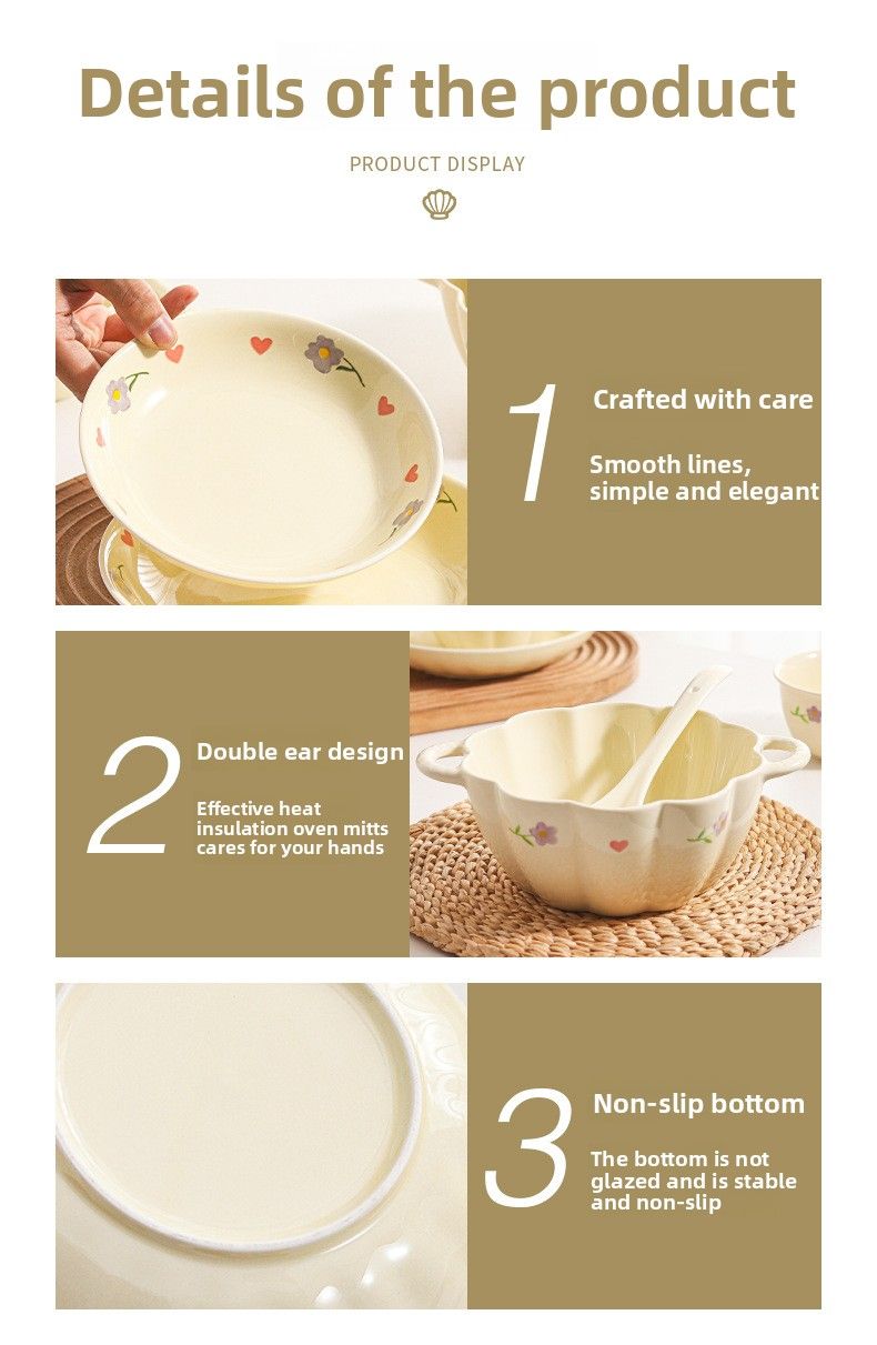 Wisteria Cream Style Ins Set Household Rice Ceramic Plate Double Ear Noodle Large Soup Bowl With Spoon_voghion.com