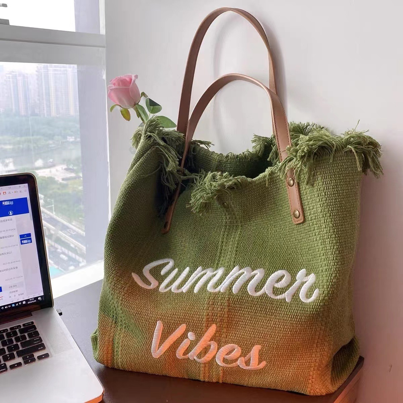 Canvas Women's Bags, Canvas Embroidered Monogrammed Tote Bags, Women's Woven Beach Bags, Shoulder Bags Handbags_voghion.com