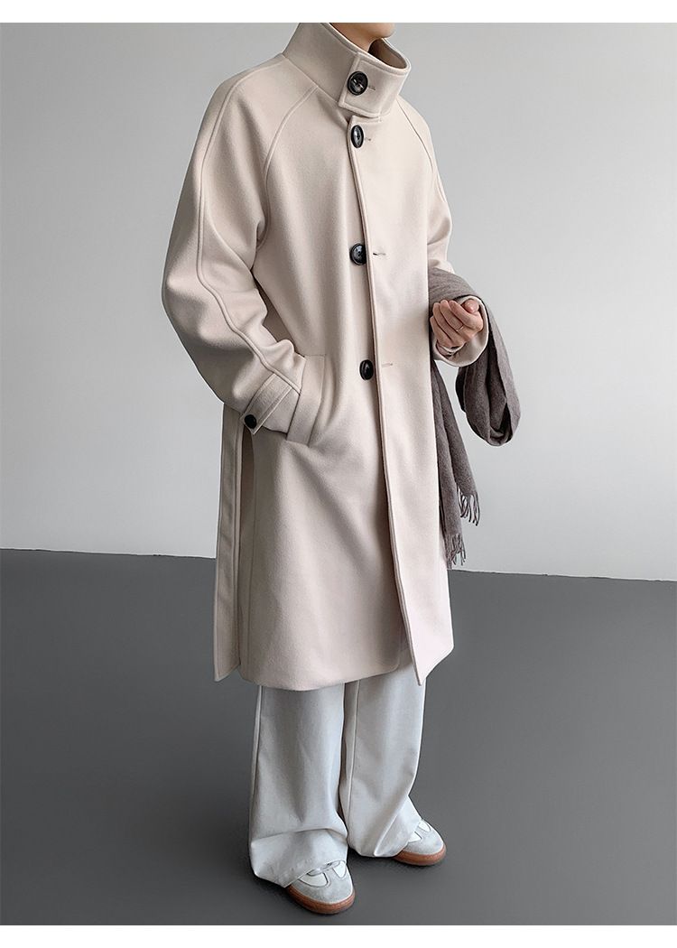 Gabardina de mezcla de lana con cuello alto para hombre: abrigo largo entallado, chaqueta de invierno de botonadura sencilla (negro/albaricoque, M-5XL)_voghion.com