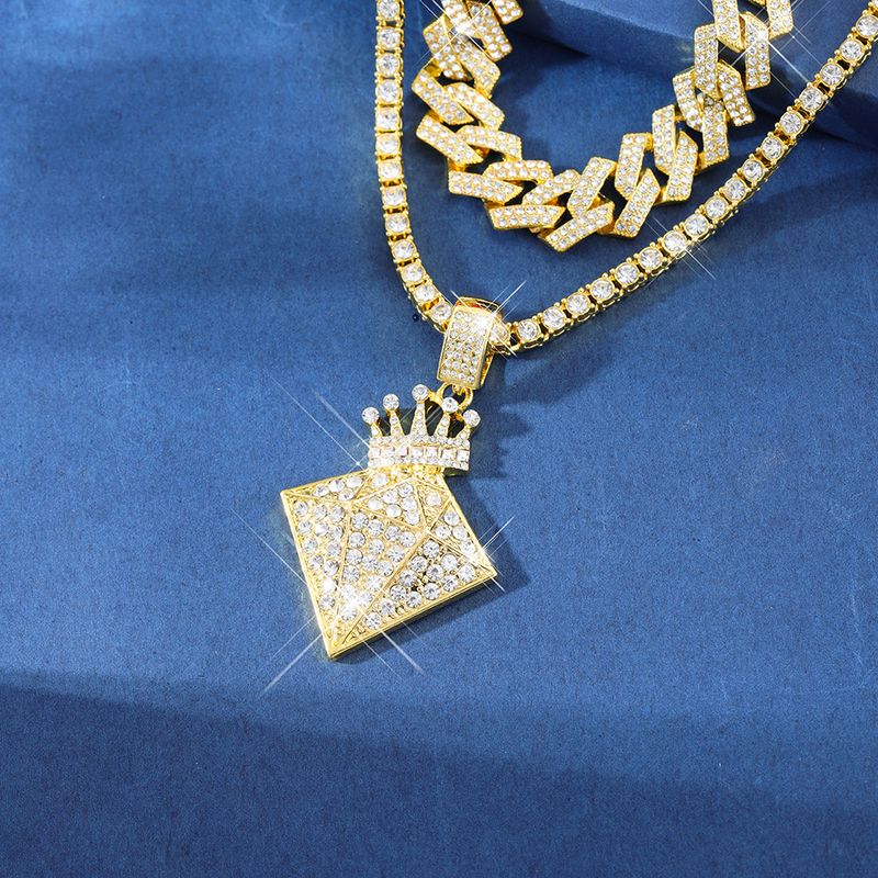 Hip Hop Alloy Full Crown Dia High Quality Fashion Necklace Set Cuban Chain Tennis_voghion.com