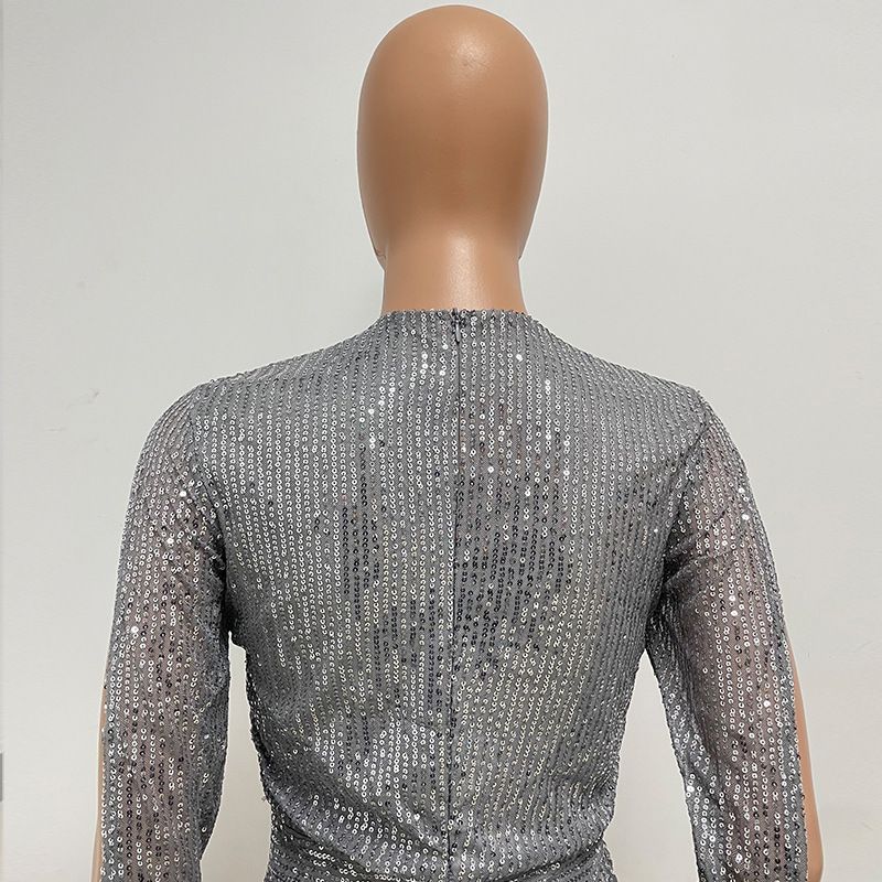 Damkläder jumpsuit mode smal långärmad slits paljettjumpsuit_voghion.com