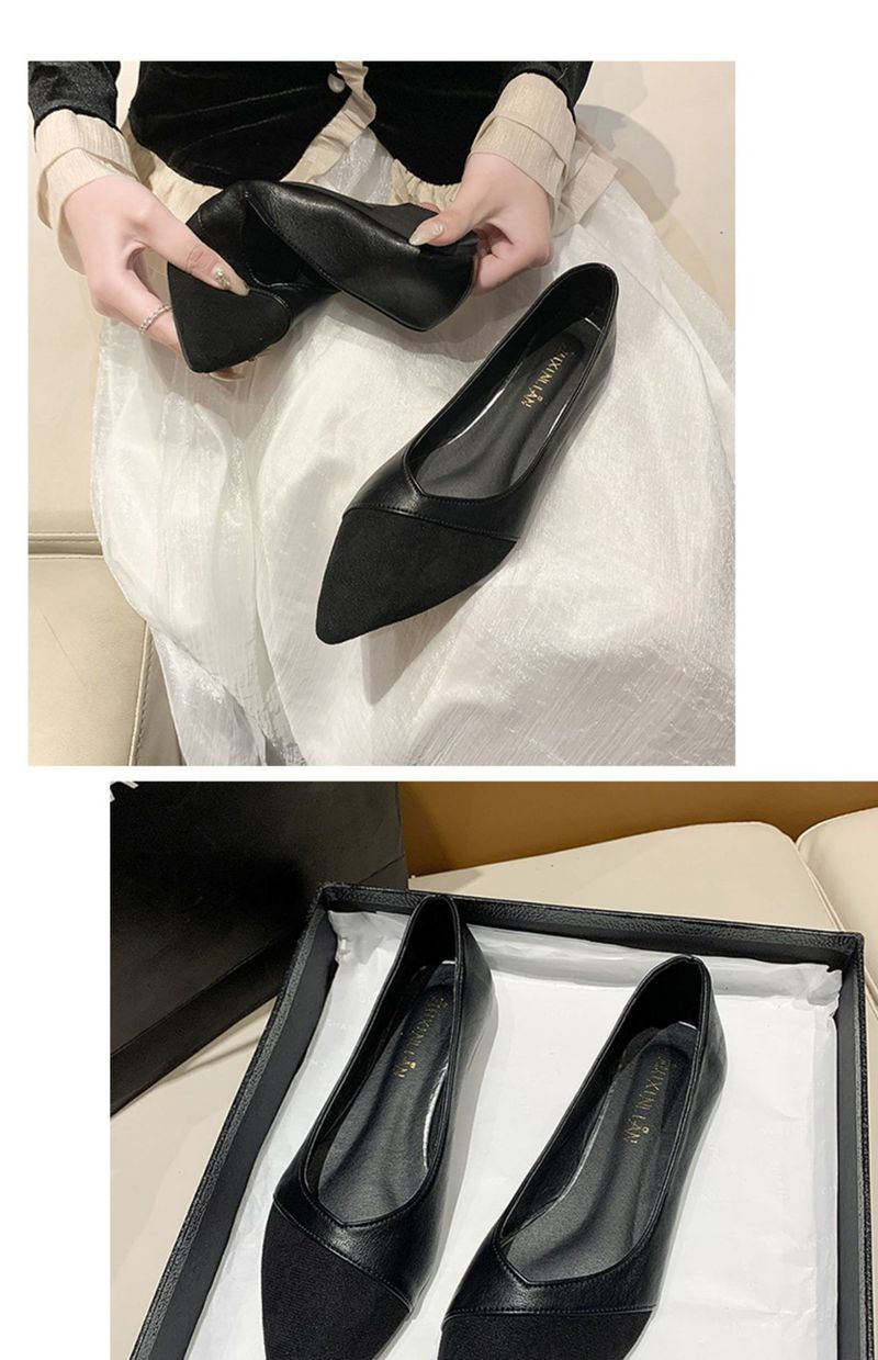 Flache schwarze Arbeitsschuhe Damenlederschuhe Spitze und bequeme professionelle Arbeitsschuhe mit flachem Mund und niedrigem Absatz_voghion.com