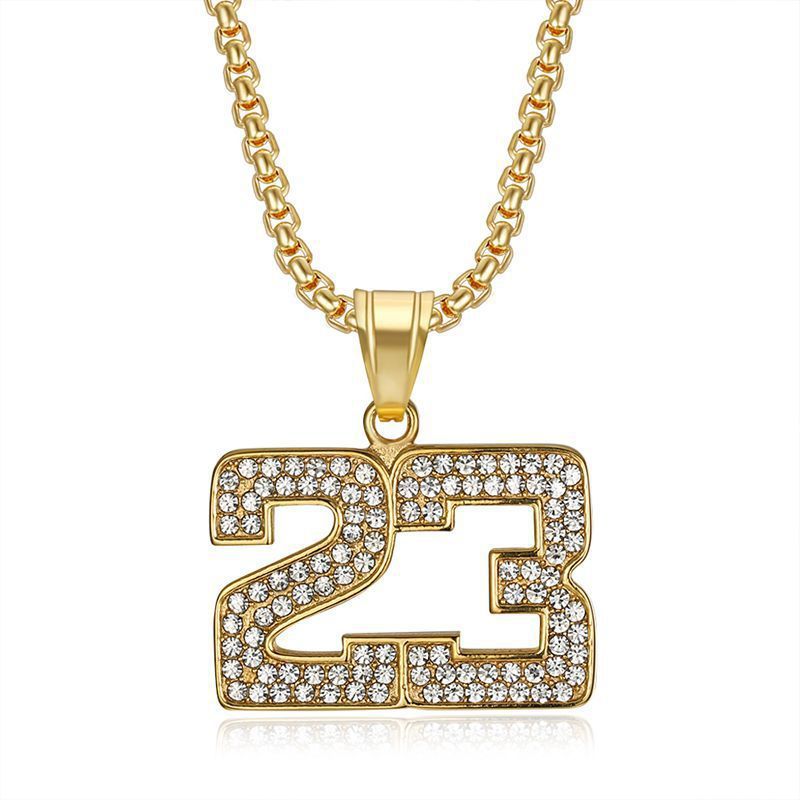 New Hip-Hop Jewelry Titanium Steel Gold-Plated Diamond-Studded Basketball Number 23 Pendant Necklace_voghion.com