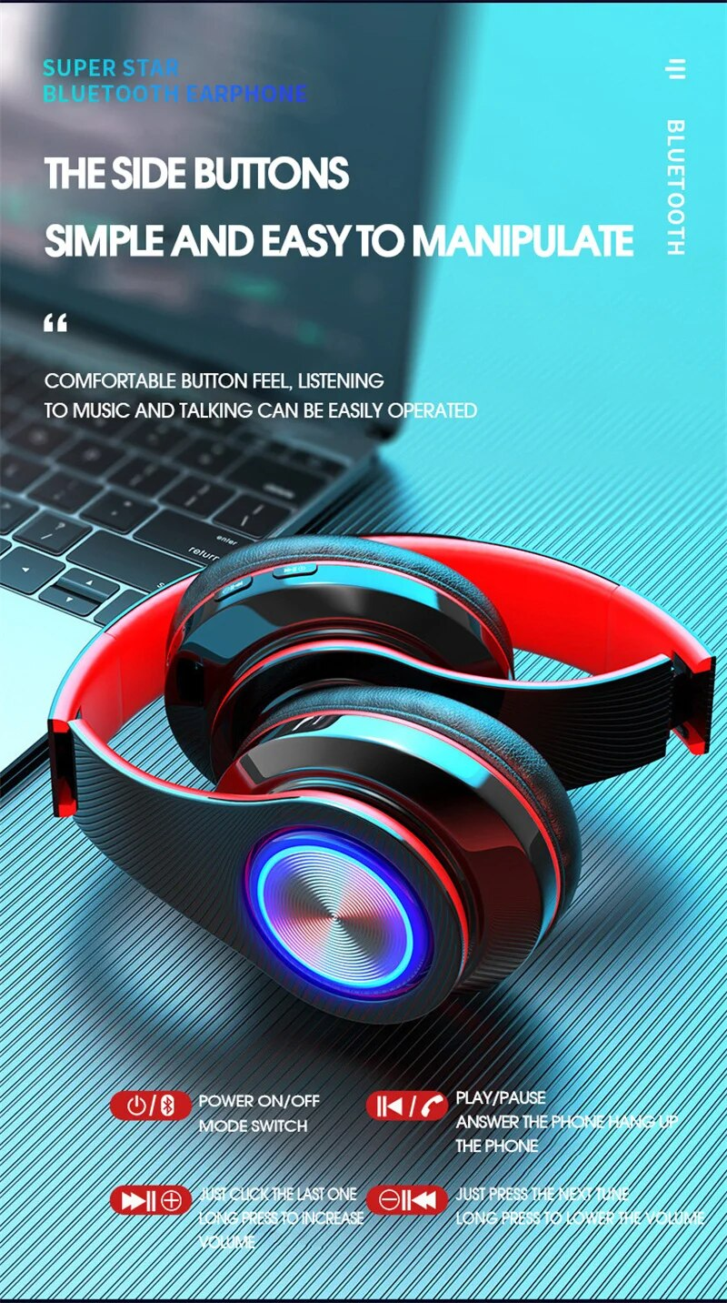 Ασύρματο ακουστικό Bluetooth Πτυσσόμενα ακουστικά HiFi Stereo ακουστικά με υποστήριξη μικροφώνου Κάρτα SD FM για Xiaomi Iphone_voghion.com