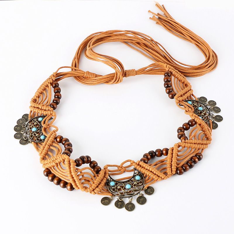 Boheemse geweven brede riem voor dames, rokaccessoire, etnische stijl wax touw kwastje decoratieve tailleketting accessoire_voghion.com