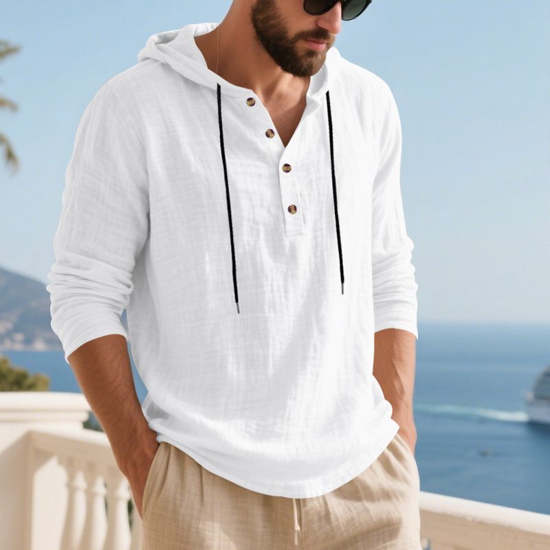 Herren-Kapuzenhemd aus Leinenmischung – Leichtes und atmungsaktives Langarm-Strandhemd (Schwarz/Grau/Armeegrün, lockere Passform, maschinenwaschbar)_voghion.com