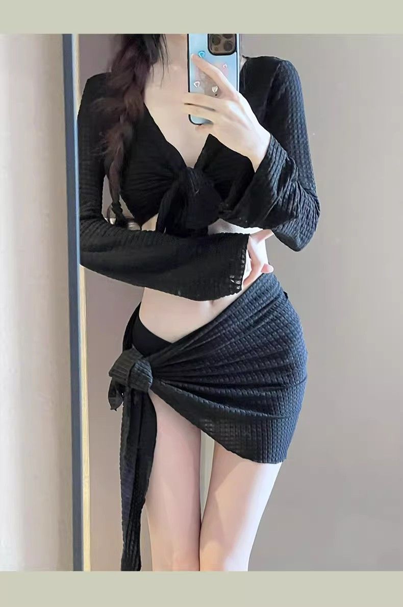 Bikini Langarm Sonnenschutz Zweiteiliger Badeanzug Für Damen Neues Vierteiliges Set High-End Slim Sexy Pure Desire Weiß_voghion.com