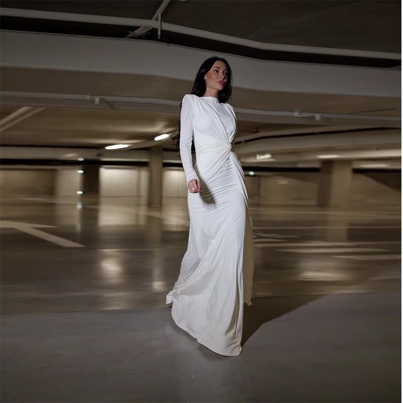 Women's Clothing Sexy Fashion Round Neck Pleated Waist Slim Fit Solid Color Temperament Dress_voghion.com