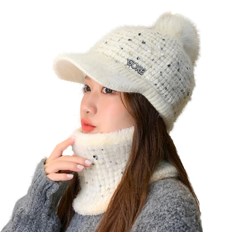 New Winter Visor Hats Women Mixed color knit Beanie Skullies Hat Female Thick Veet Hair Ball Warm Bonnet Caps Bib Set_voghion.com