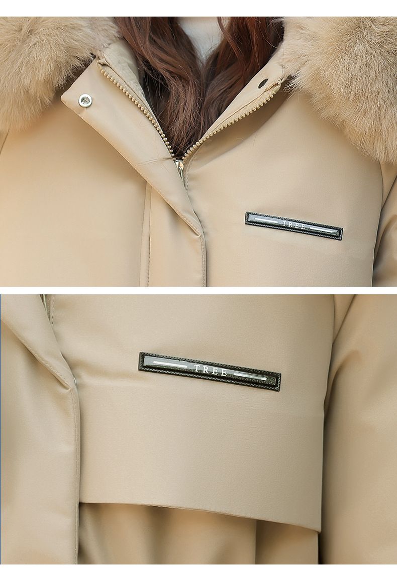 Women's Parka Coat With Detachable Rabbit Fur Hood, Waist-Belted Winter Jacket, Thickened Polyester Shell & Down Cotton Filling For Casual & Office_voghion.com