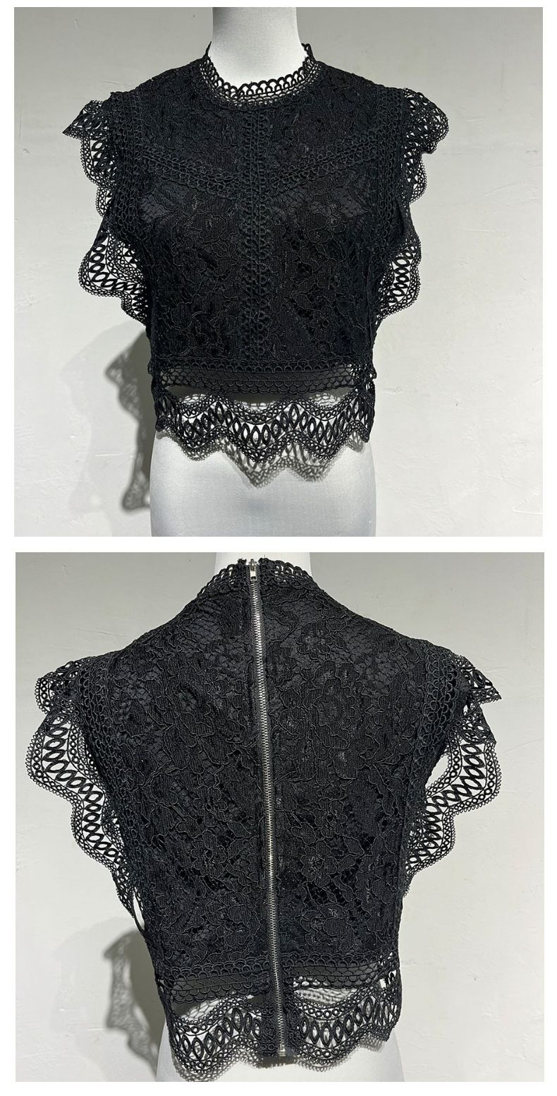 K Sexy Lace Sheer Solid Color Geometric Pattern Women's Top Ruffled Chiffon Blouse_voghion.com