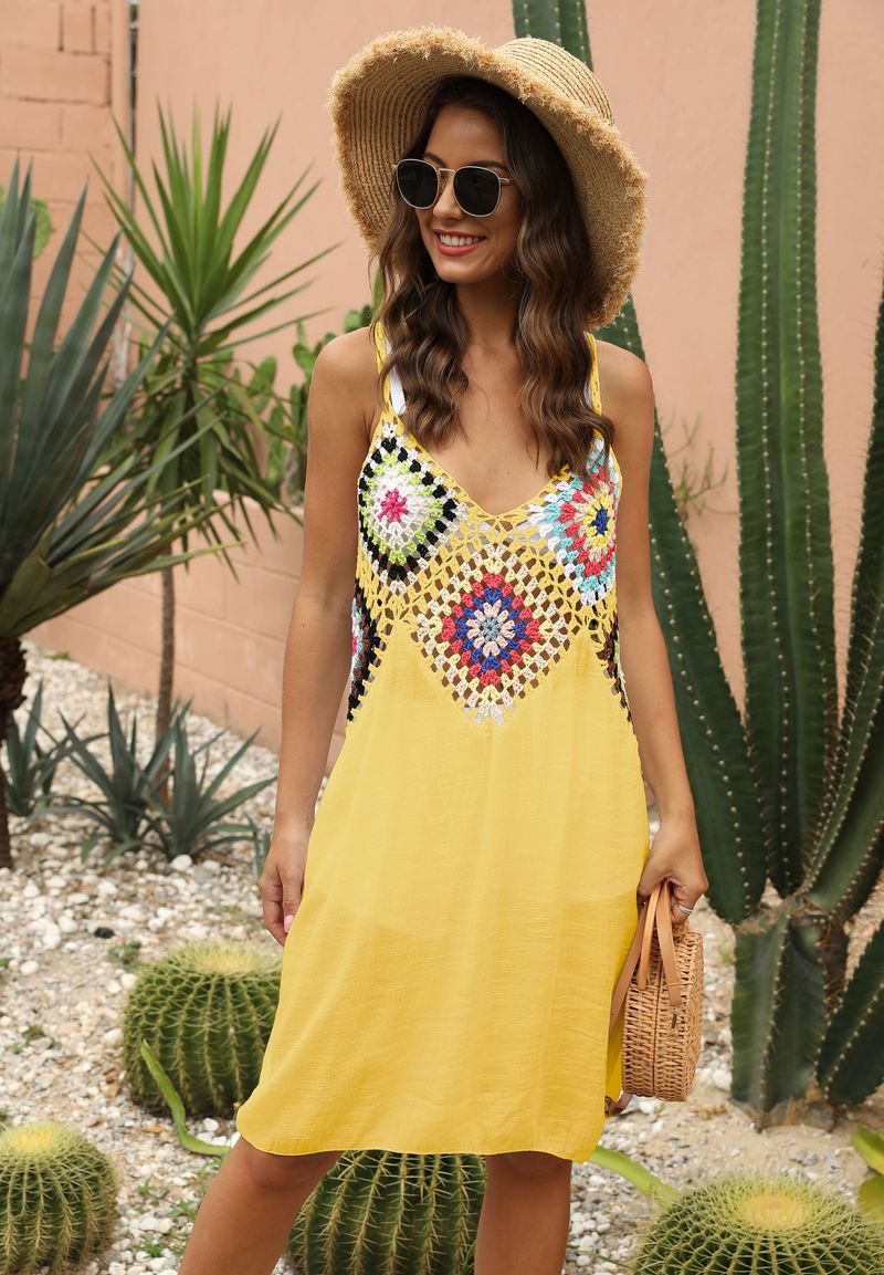 Camicetta da spiaggia con camicetta patchwork di fiori all'uncinetto da donna_voghion.com