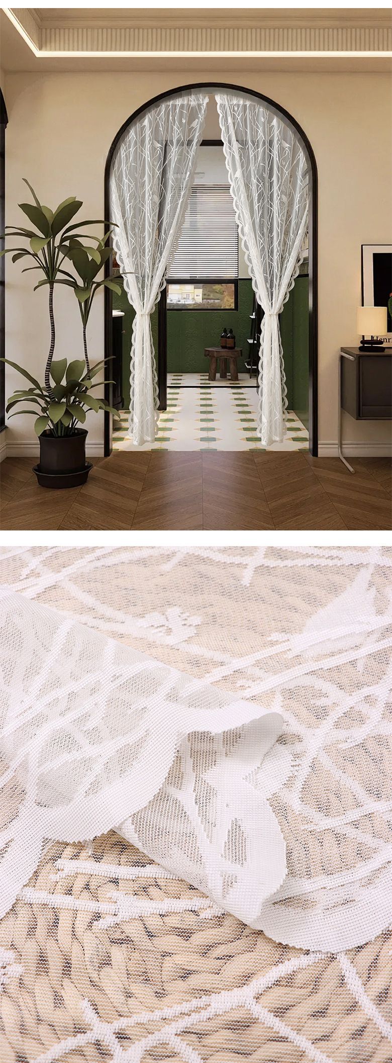 Spitzen-Türvorhang mit Vögeln und Zweigen bestickt – Vintage-Blumenmuster, transparenter Vorhang für Wohnzimmer, Schlafzimmer, Esszimmer (140 x 100 cm/140 x 160 cm, Beige)_voghion.com