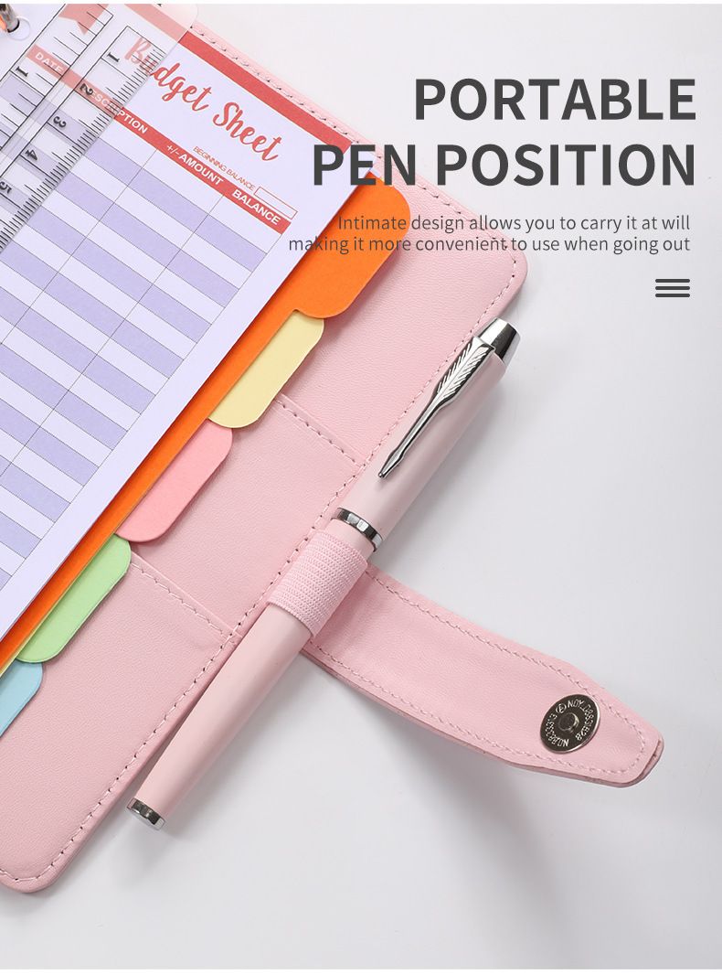 Pasta A6 de couro sintético premium com bolso com zíper - Caderno recarregável na cor Macaron para orçamento, registro em diário e anotações_voghion.com
