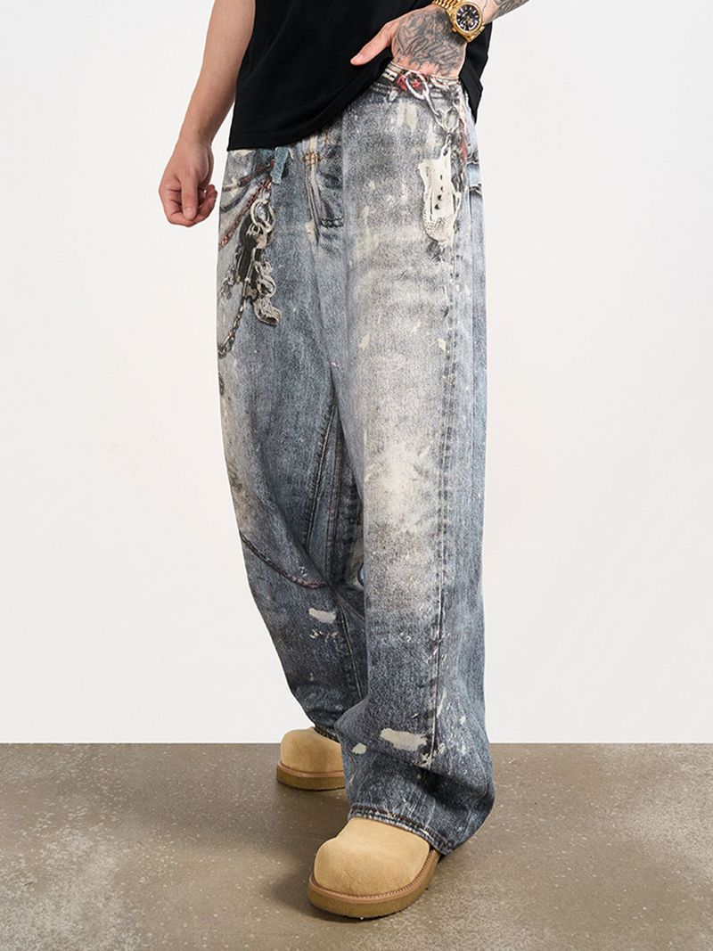 Men's Clothing Jeans Men's Summer Retro Print Trendy Wide Leg Straight Pants_voghion.com