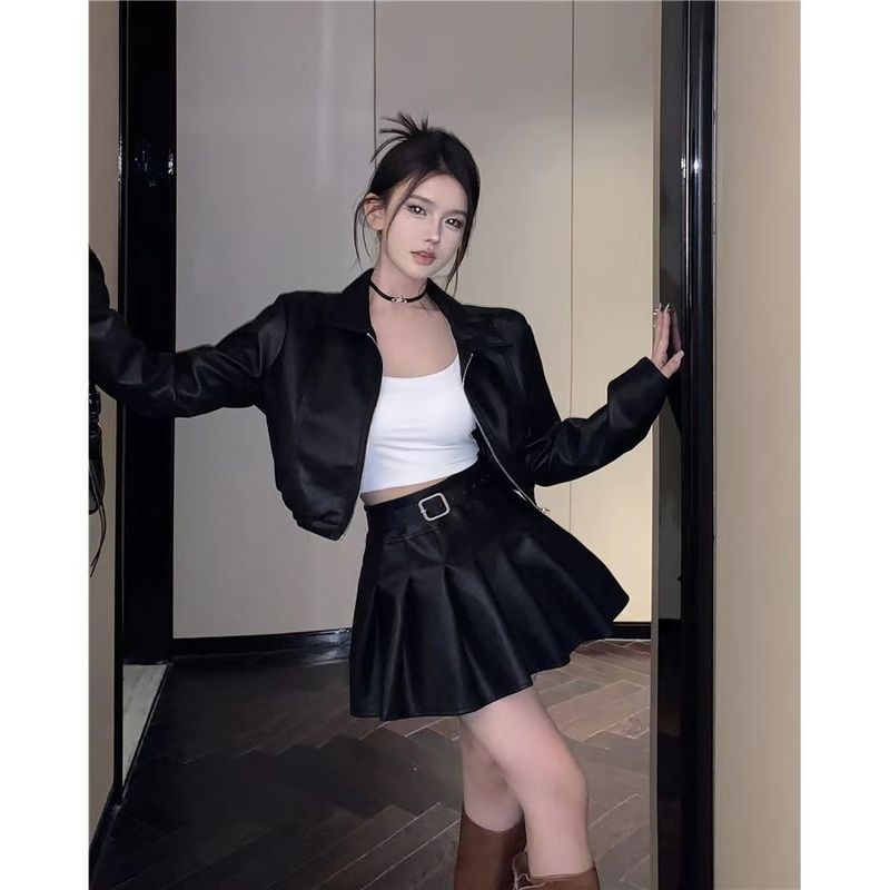 Veste courte en cuir noir pour femme, nouveau design printemps-automne 2025, manteau à fermeture éclair en PU_voghion.com