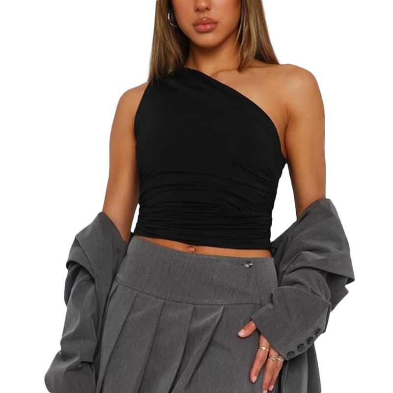 Canotta attillata sexy con spalle inclinate, stropicciata, da donna, nuovo stile, temperamento, senza spalline_voghion.com