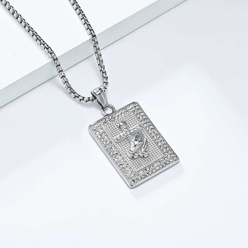 Hiphop praying hands cross full diamond titanium steel necklace plated K pendant_voghion.com