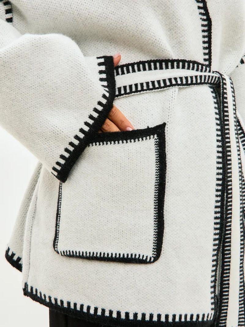 Elegant Belted Knit Cardigan - Oversized Longline V-Neck Sweater With Contrast Trim, Soft Lambswool Blend, Casual & Chic_voghion.com