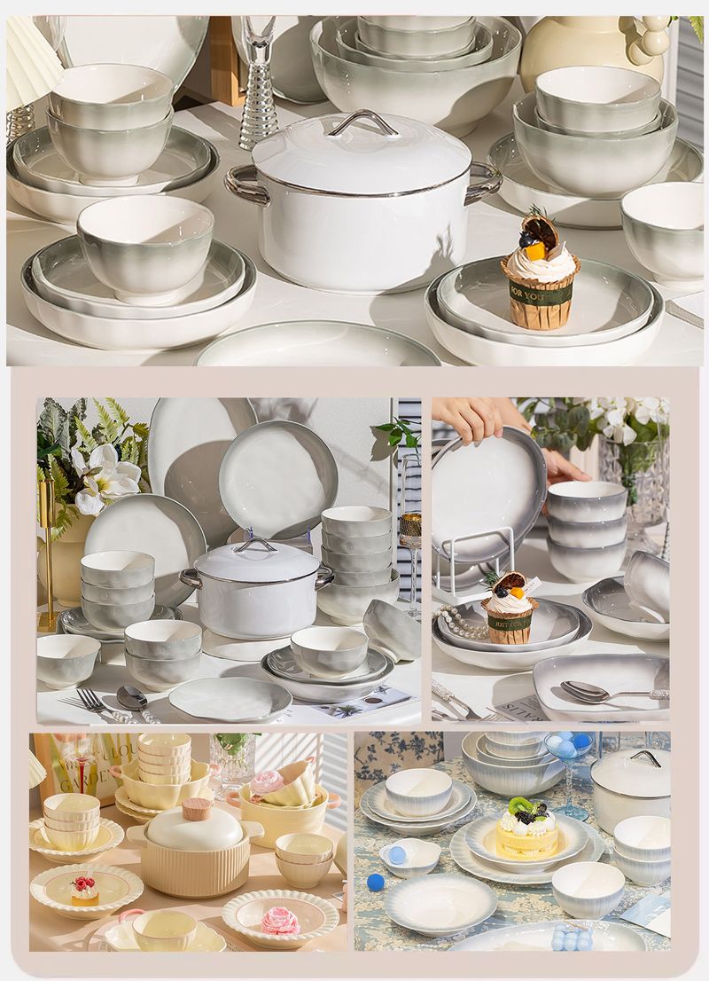 Nordic Style Gradient For Home Use, Thickened Lace Ceramic Tableware, And Plate Combination, Underglaze Color Bowl Set_voghion.com