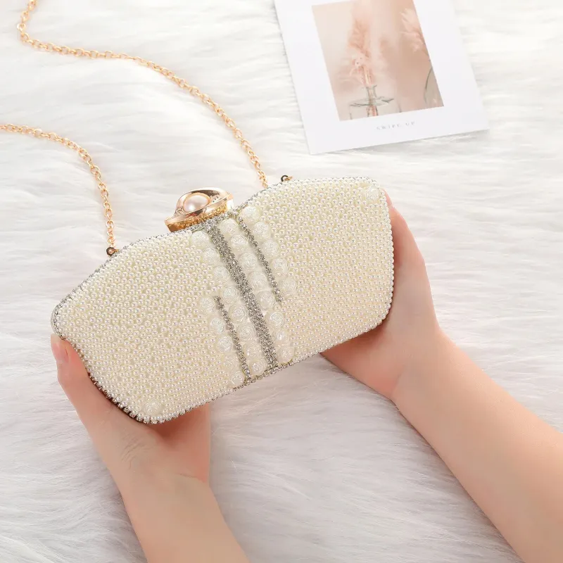 Borsa a mano da donna con pochette in perle lucide, elegante, con catena in metallo, da sera, elegante, fatta a mano, con perline di rosa 250614l_voghion.com