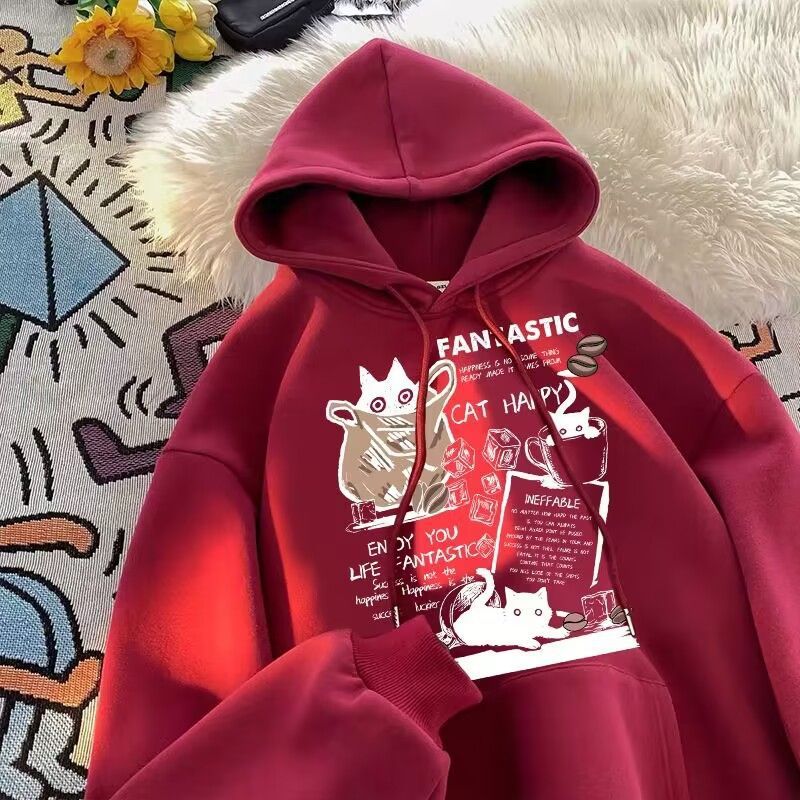 Felpa con cappuccio da uomo con gatto dei cartoni animati 2024, vestibilità ampia, pullover versatile, top alla moda per autunno e inverno_voghion.com