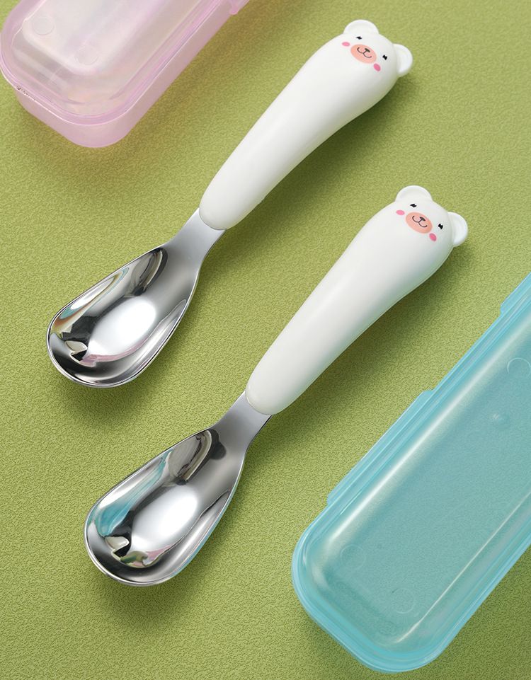Colher de treinamento para alimentação infantil em aço inoxidável 316, urso de pelúcia de duas cores, suprimentos para mães e bebês_voghion.com