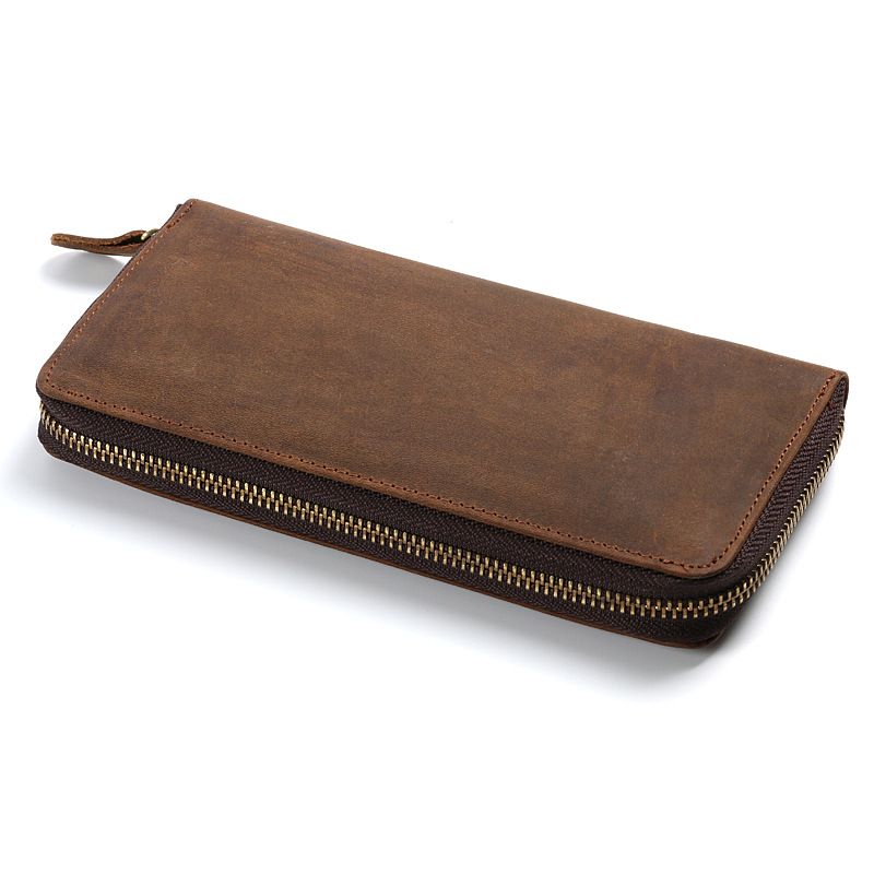 Crazy Horse Zipper First Layer Cowhide Long Wallet Nubuck Leather Business Men's Bag_voghion.com