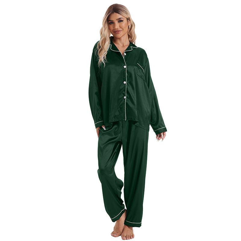 Homewear Turn-down Collar Ice Silk Pajamas Women's Sleeve Long Pants Two-piece Set Plus Size Satin_voghion.com