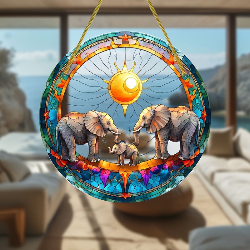 8" Boho Elephant Suncatcher - Stained Glass-style Acrylic. Perfect Home/office Decor. No Power Needed. Great Birthday Gift._voghion.com