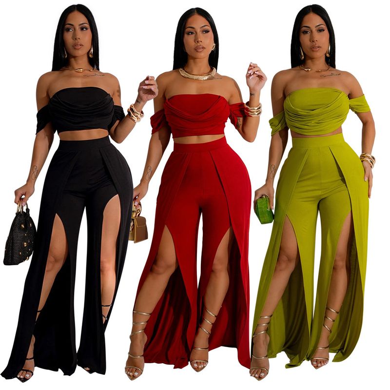 Γυναικεία ρούχα casual κοστούμι Tube Top Split Φαρδύ παντελόνι_voghion.com