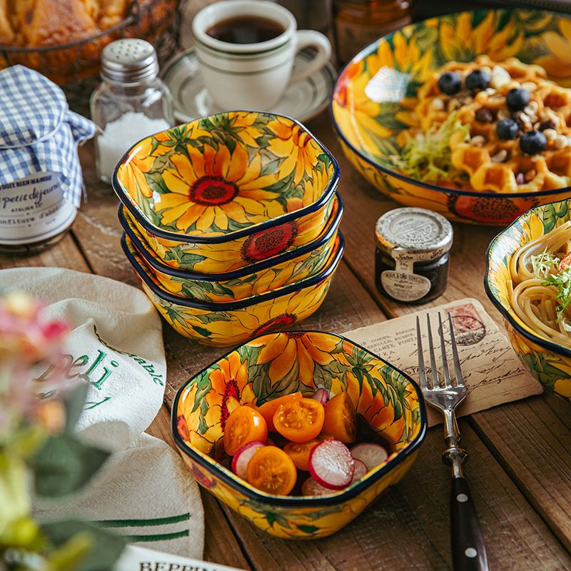 Boho Sonnenblumen Quadratische Teller - 4er Set handbemalte Vorspeisenteller aus Keramik mit Unterglasurkunst - Lebendiges Blumengeschirr_voghion.com