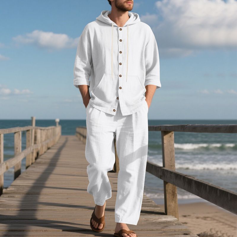 Camicia con cappuccio e pantaloni lunghi larghi in lino da uomo in stile americano, stile primaverile e autunnale, casual da spiaggia_voghion.com