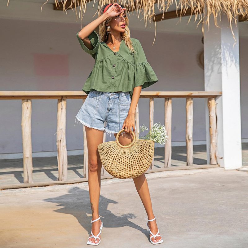 Top cardigan da donna 2023 Summer Loose casual con scollo a V monopetto in tinta unita_voghion.com