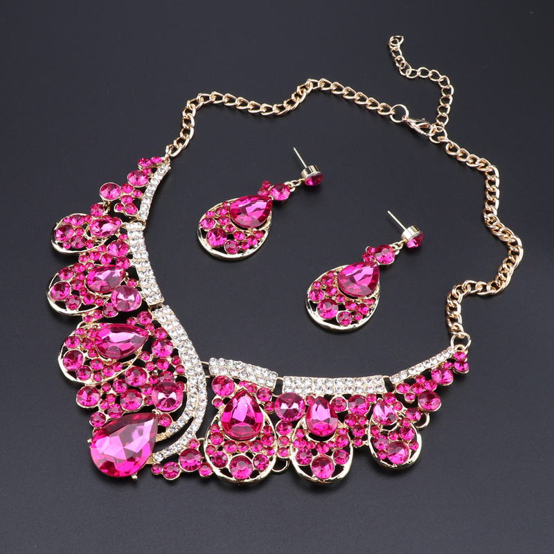 Modischer Kristall Choker Statement Halskette Ohrring Kragen Boho Schmuckset Hochzeitsgeschenk Frauen Bräute Abschlussball Party_voghion.com