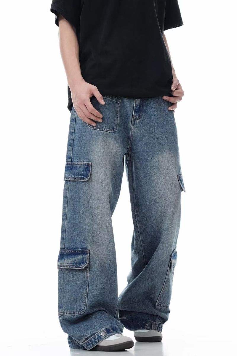 Pantaloni casual a gamba larga da strada, jeans cargo blu dritti lavati multitasche americani_voghion.com