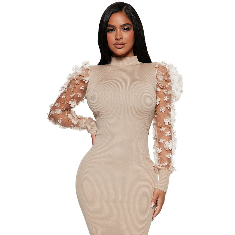 Abbigliamento da donna Elegante abito a coste con maniche in rete floreale e colletto a petalo 3D per donna_voghion.com