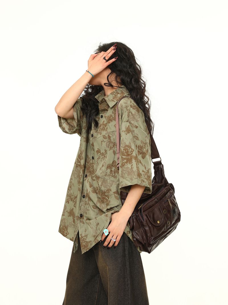 Camicia estiva ampia e alla moda in stile americano, a maniche corte, stile vintage floreale, stile Wild Azi, per donna_voghion.com
