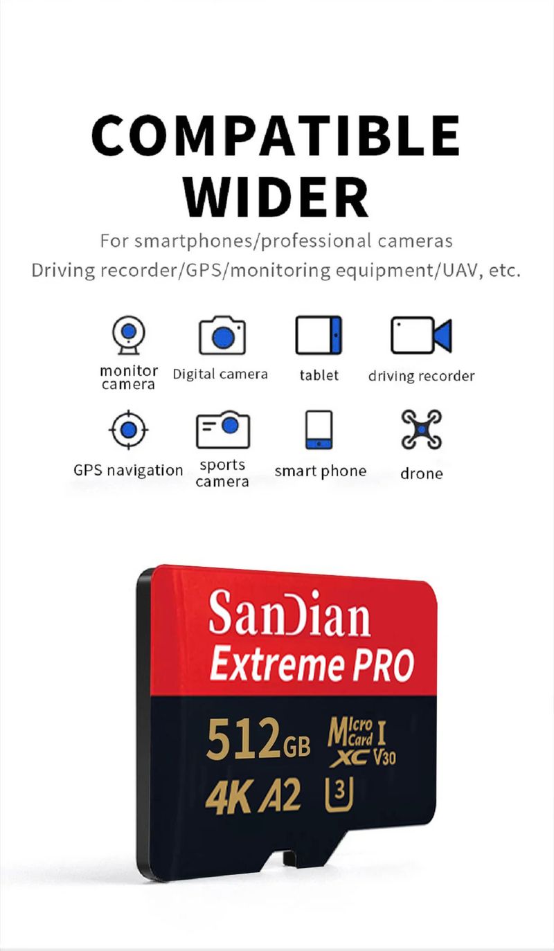 128GB 256GB Micro SD Klasse 10 A2 Hoge Snelheid Geheugen U3 4K 512GB TF Flashkaart 1TB Voor Smartphone Camera Drone_voghion.com