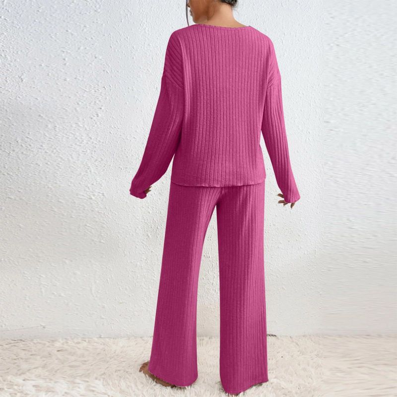 Women's Clothing Knit Two-Piece Set Casual Comfortable Straight Pants V-Neck Ribbed Top Autumn Outfit_voghion.com