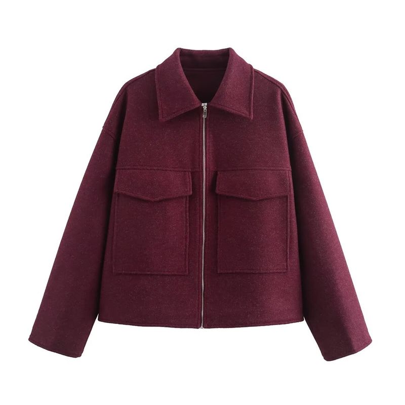 Trendige Jacke aus Wollmischung mit Reißverschluss – Stylischer Tweedmantel für Damen mit Taschen, Streetwear-Chic (Weinrot, Grau, Kaffeebraun, S-L)_voghion.com