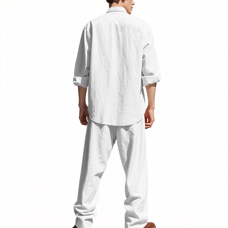 Ensemble de costume décontracté en lin pour homme - Chemise à manches longues et pantalon coupe décontractée - Blanc, noir, gris, kaki, bleu clair (S-XXXL)_voghion.com