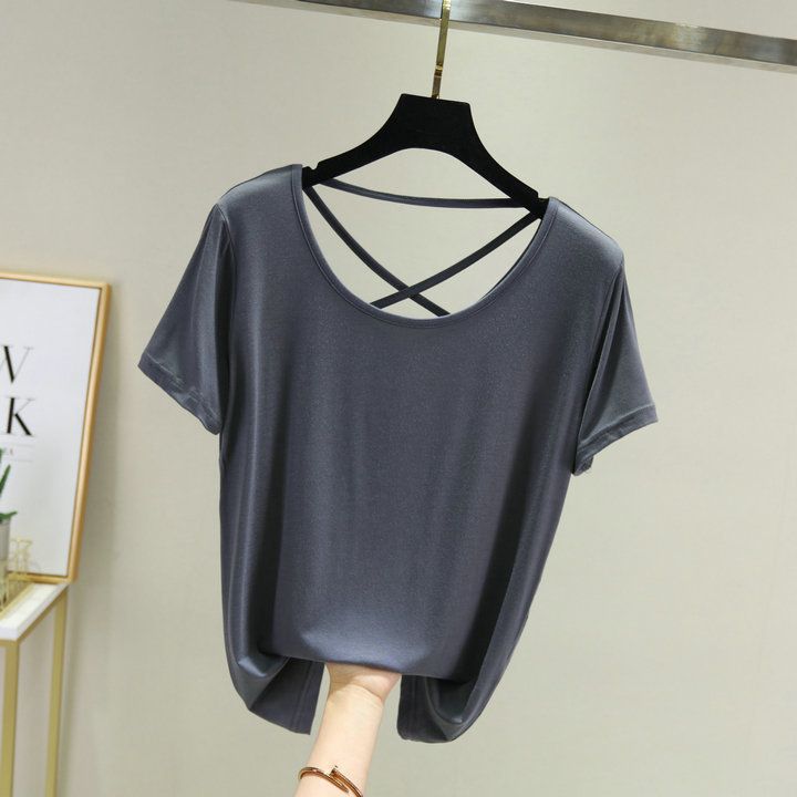 Modal Cotton Ice Silk Mask Short Sleeve T-Shirt For Women Summer Cross Thin Slimming Beautiful Back Solid Color Plus_voghion.com