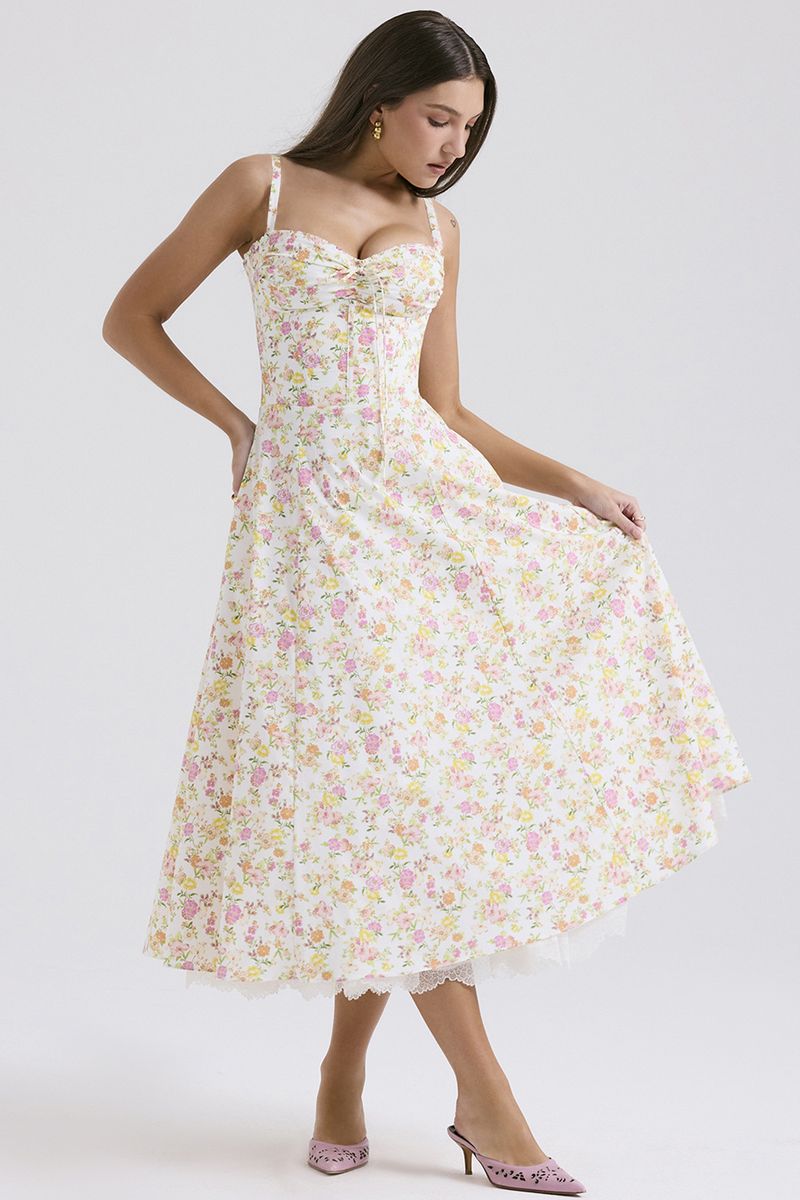 Rochie lungă cu bretele florale subțiri, cu temperament transfrontalier european și american_voghion.com